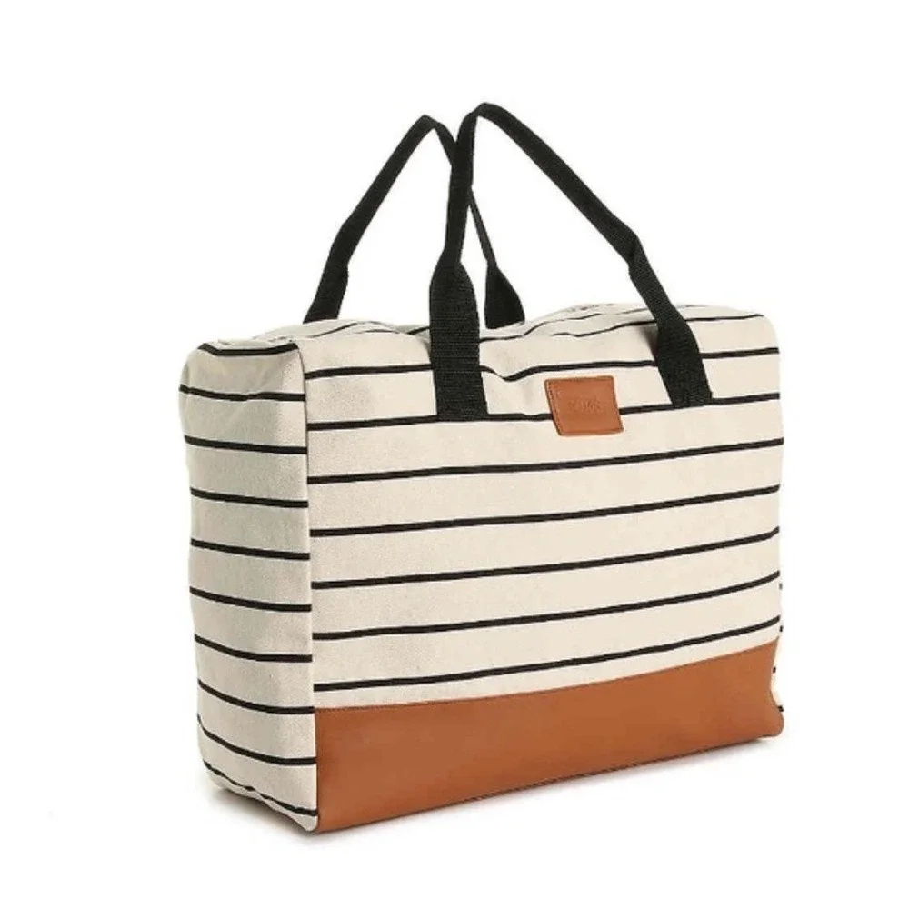 TOMS DSW Striped Canvas Tote Bag Cream Black Brown Vegan Leather Weekender Large
